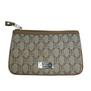 RALPH LAUREN Purse Wristlet Handbag W/ Zipper  Brown Designer syn leather